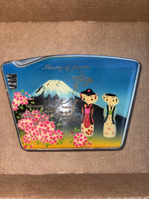 Vtg 1950s Memory Of Japan Chrome Cigarette Case & Lighter Souvenir Mt. Fuji 