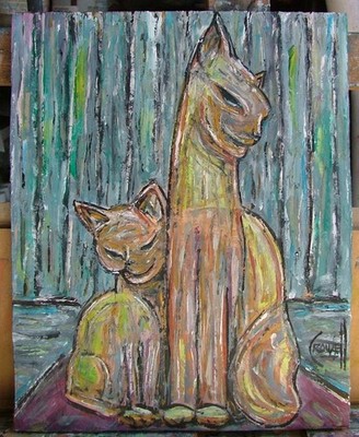 Two Cats Together Retro art NEW oil painting 8x10 card Panel original by Crowell