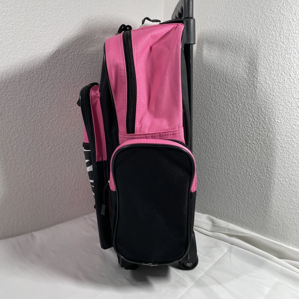 Mochila con ruedas de doble asa para llevar, 6 bolsillos, 17" negro rosa estampado de cebra. Foto 2 de 4