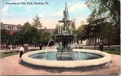 Ornate City Park Fountain, People Walking, Downtown Views, Reading, Pa. Postcard