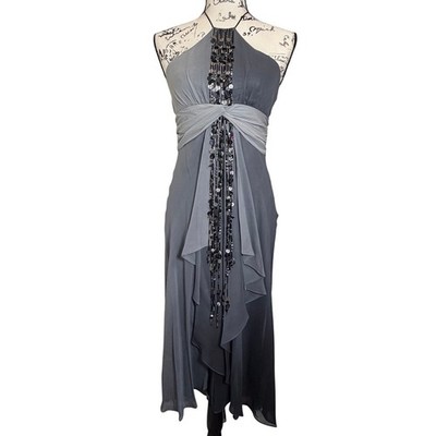 Sz 4 BCBGMAXAZRIA 100% Silk Ombre Gray Midi Dress Y2K Goddess Evening Whimsigoth