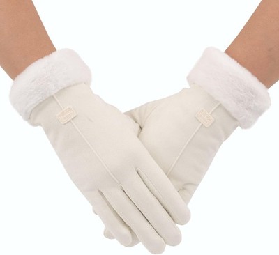 Women's Suede Touchscreen Gloves Warm Fleece Lined Winter Gloves with Fur Cuff