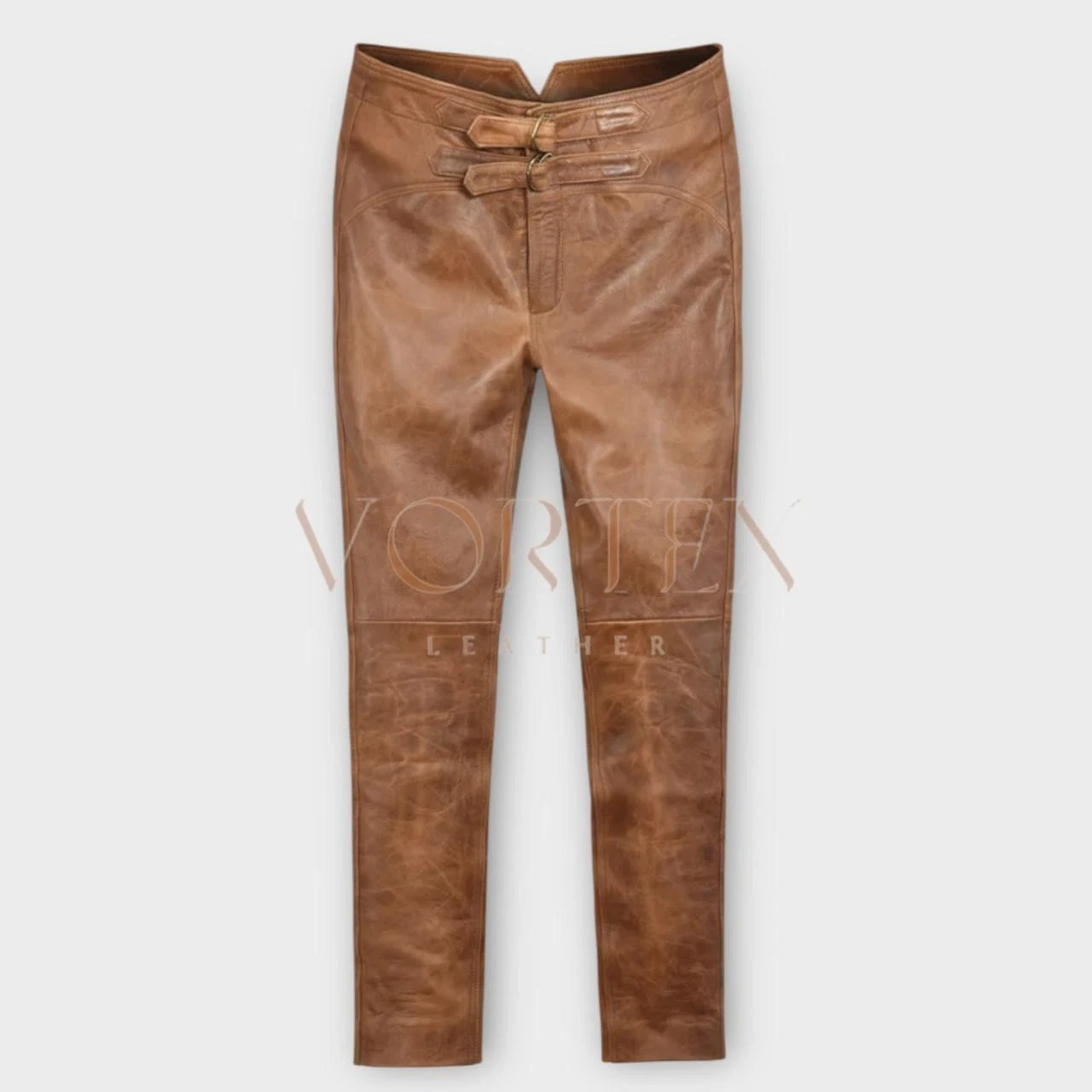 Men's Buckle Clouser Style Brown Leathet Pant In Genuine Lambskin Leather Pant