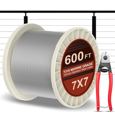 BLIKA 600FT 1/8'' Stainless Steel Cable with Cutter, T316 Marine Grade, Stainless