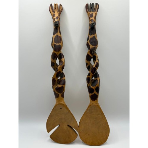 Vintage Wooden Hand Carved Giraffe Salad Server Set 10x3"