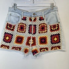 SO Good For Life Junior Size 15 Retro Crochet Denim Shorts Raw Hem Button Fly