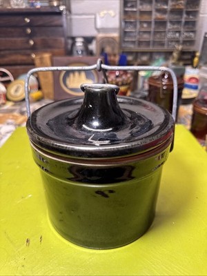 Vintage Black Glazed 6  Large Cheese/Butter Dish with Wire Bail Handle