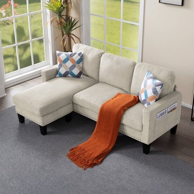 Corduroy L-Shaped Sectional Sofa Reversible Ottoman Nailhead Trim w/2 Pillows