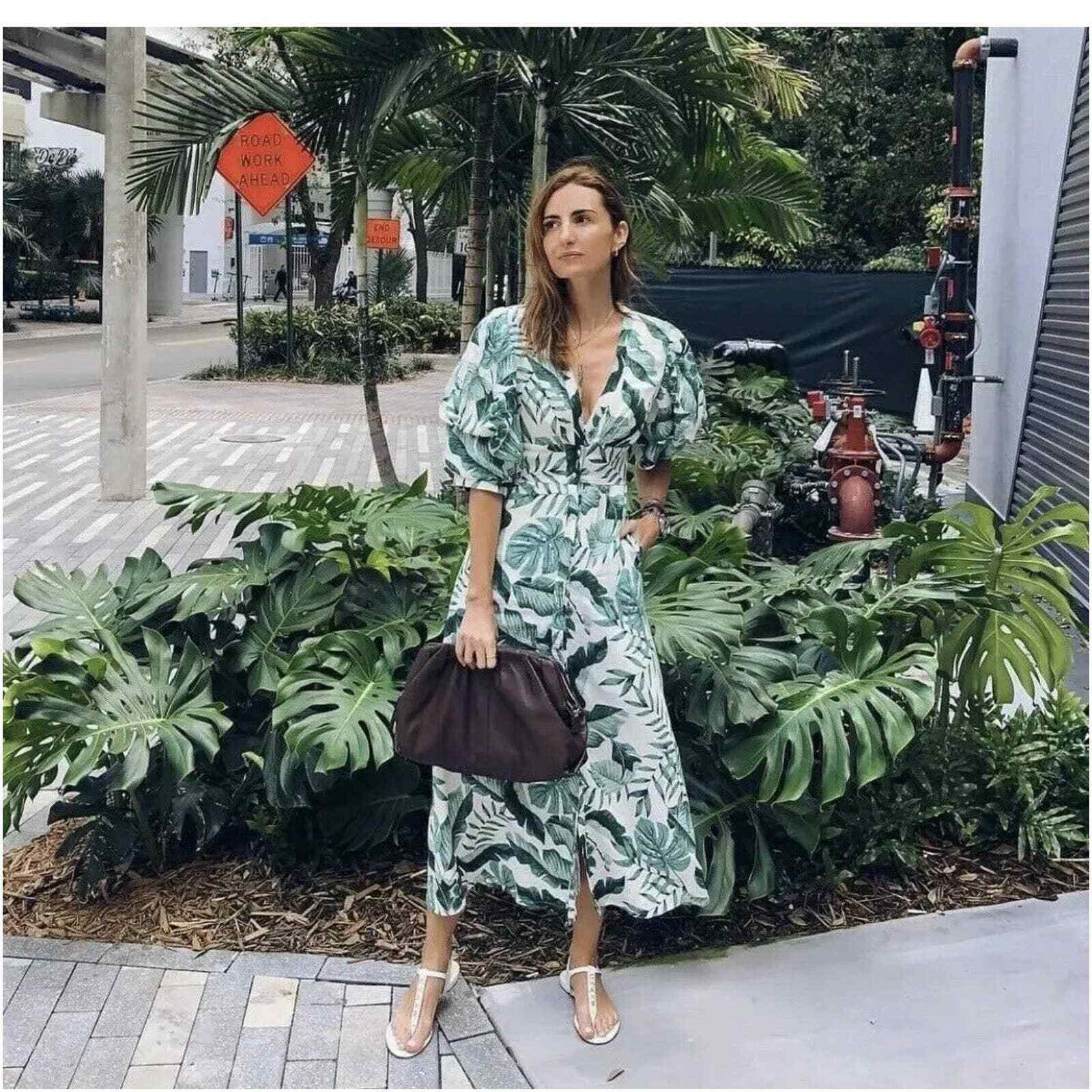 H&M Johanna Ortiz White Green Leaf Print Linen Blend Dress XL Measurements
