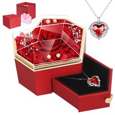 Preserved Red Real Rose with Necklace Forever Flowers Diamond Shaped Box for ...