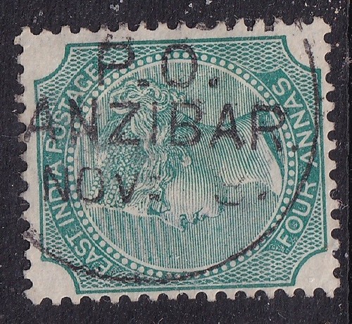 EAST INDIA 4 Annas stamp used in ZANZIBAR POSTMARK "P.O. (Z)ANZIBAR" 188?
