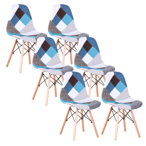 Set of 6 Beech Wood Leg Kitchen Dining Chair Patchwork Blue - Picture 1 of 12