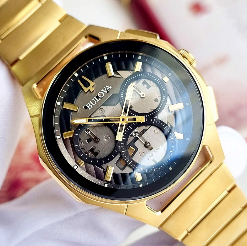Bulova Curv Black Dial Bracelet Gold Tone Sapphire Crystal Men's
