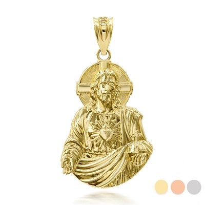 3D 10k/14k Solid Gold Jesus Christ Sacred Heart Big Pendant 
