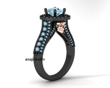 2.10CT Round Cut Real Aquamarine Wedding Skull Jewelry Ring 14K Black Gold Over