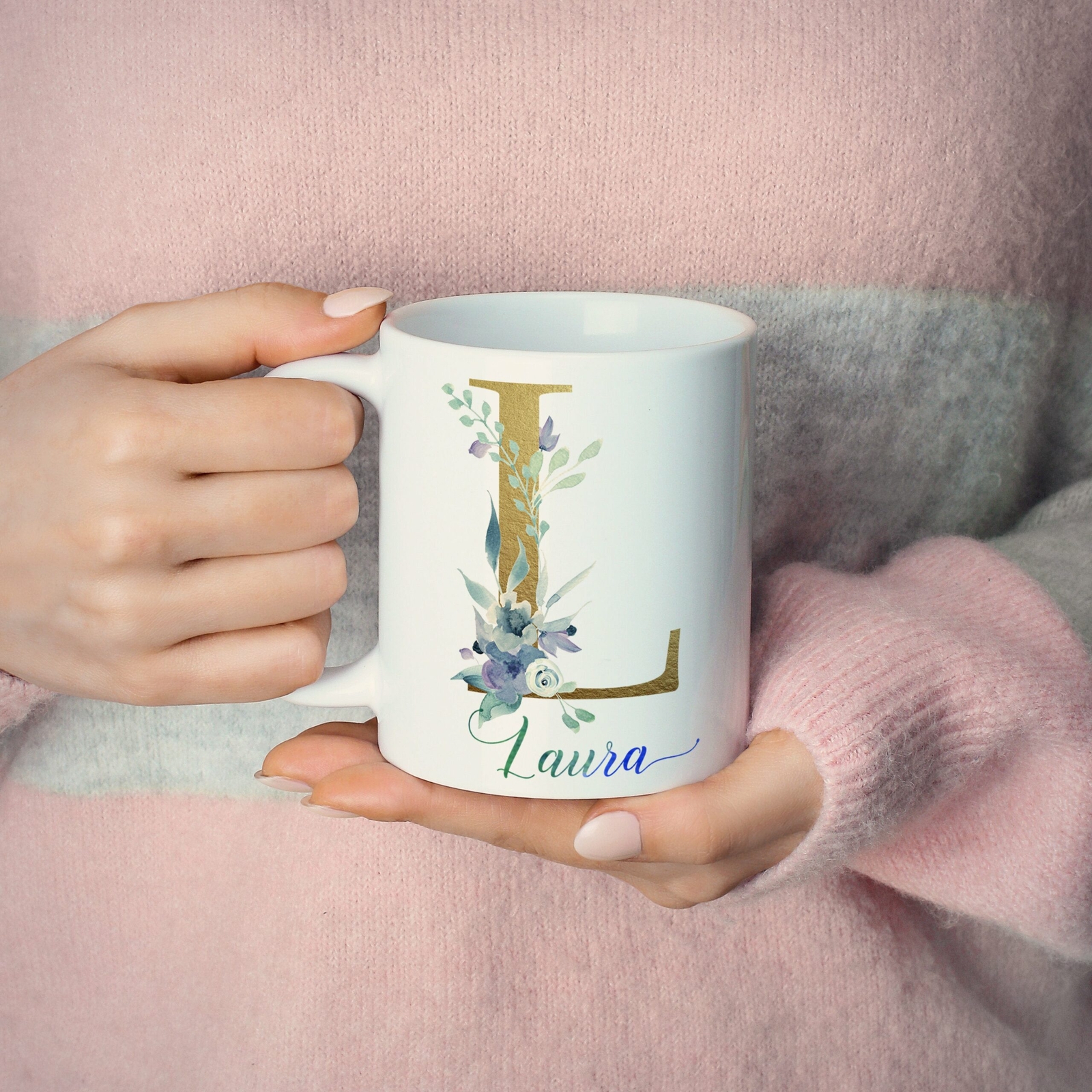 Personalised Name And Initial Mug Gold Floral Alphabet Tea Coffee Mug Mug Gift