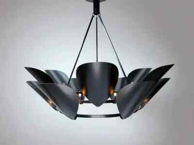 1950's Mid Century 9 Light Sputnik Light Curved Shade Chandelier Fixture Lights
