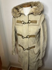 Coach 100% Lamb Shearling Coat Coyote Hood Trim Womens 2 Brass Lobster Clasp Zip