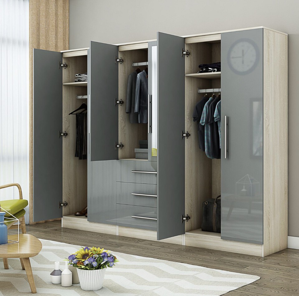 Large 6 Door Mirrored Wardrobe – High Gloss Grey – 3 Drawers – Modern ...