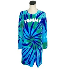 Tommy Hilfiger Sz S Women Tie Dye Long Sleeve Shift Terry Sweatshirt Dress Blue
