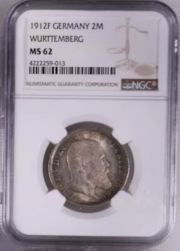 GERMANY WURTTEMBERG WILHELM II 1912-F  2 MARK SILVER COIN, NGC CERTIFIED MS62