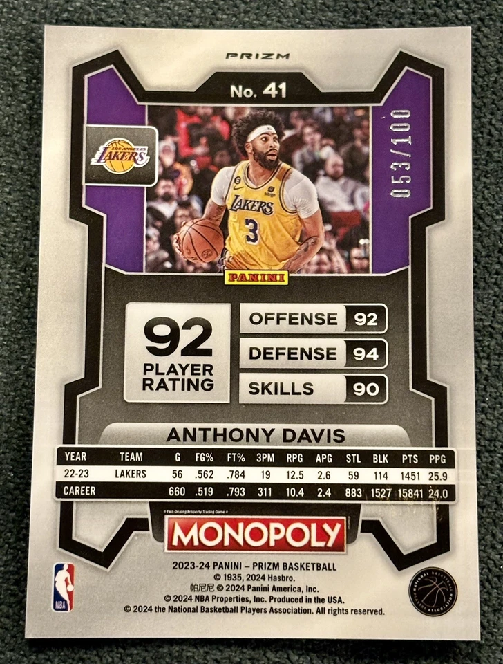 💎2023-24 Prizm Monopoly ANTHONY DAVIS 🚨Red Money Shimmer /100 Lakers SSP - Image 2 of 3