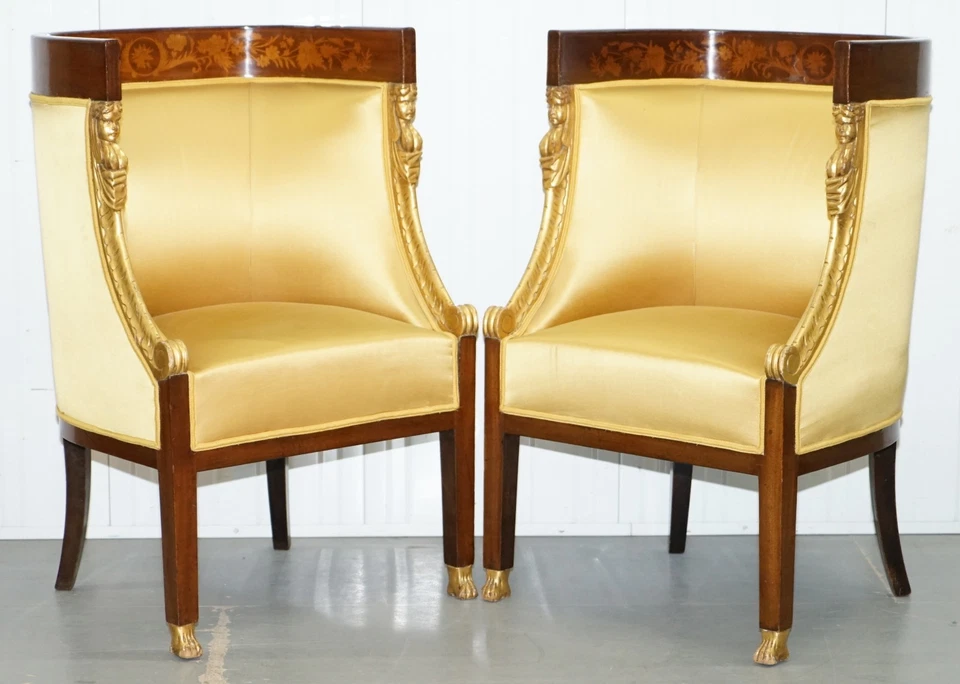 1870 FRENCH EMPIRE MARQUETRY INLAID SUITE PAIR BERGERE ARMCHAIRS & SETTEE CANAPE - Image 2 of 4