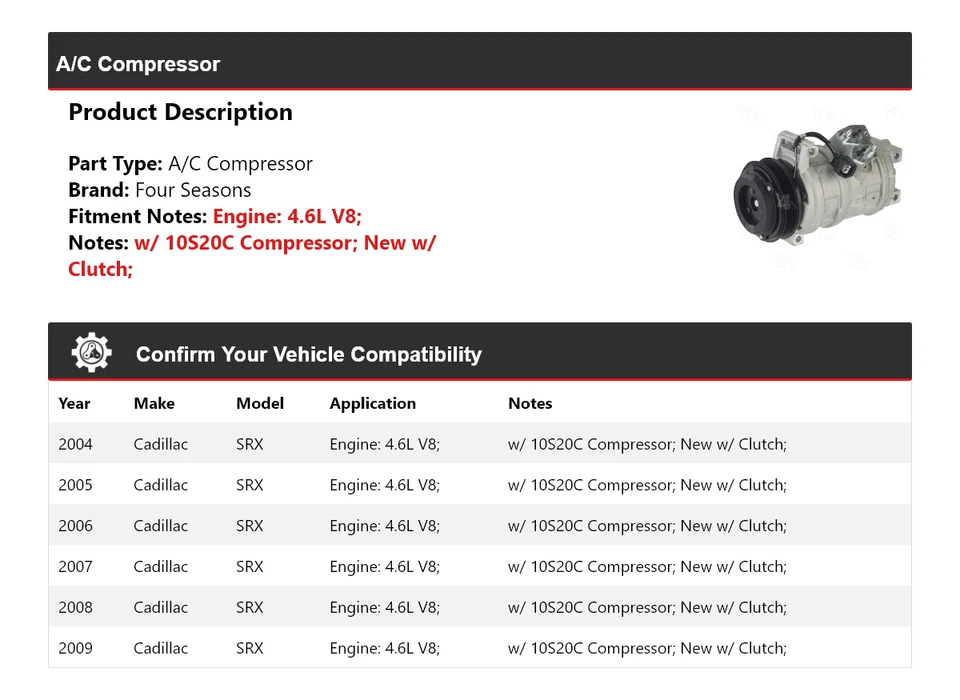 Compresor de aire acondicionado para Cadillac SRX 2004-2009 4,6 L V8 4 estaciones 2005 2006 2007 2008 Foto 2 de 4