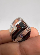 Anello Tuareg Argento Sterling Argento con Perline Chevron Legno Ebano Gioielli Tibetani