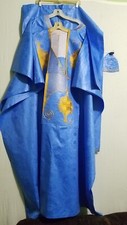Men Grand Boubou Pant Suit w/Hat African Brocade Cotton Sky Blue Gold Free Size
