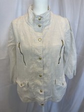Chico's 100 Linen Size 2 3/4 Sleeve Jacket Beige W/Gold Accents