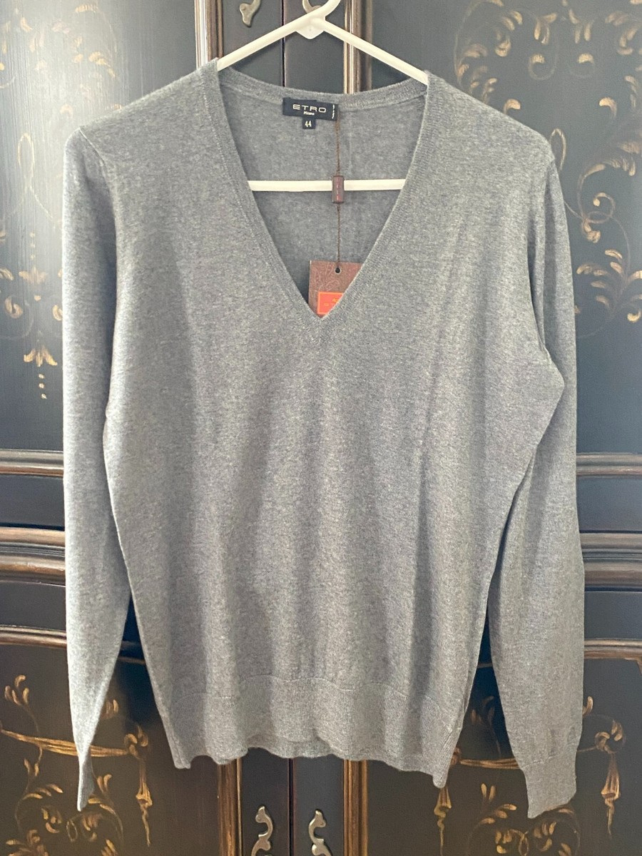 $800 ETRO 100% Cashmere V Neck Sweater | Grey | IT/US 44, Medium