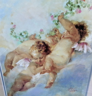 Fancy Matted & Framed Donald Zolan Eternal Spring 3 Angels Cherubs Floating Sky