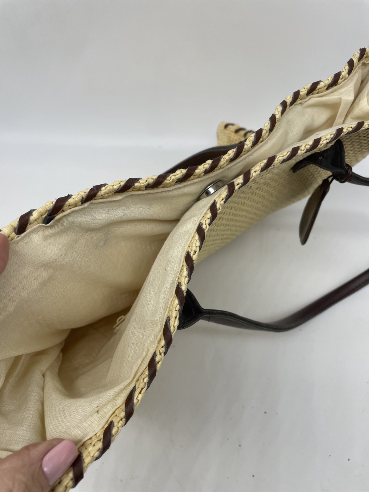 Sun N Sand Beach Tote With Wallet Straw Basket Weave Snap Bag 14” By 11” READ