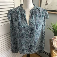 EVEREVE Blouse Womens Large Blue Green Kora Paisley Chiffon Ruffle Feminine Boho