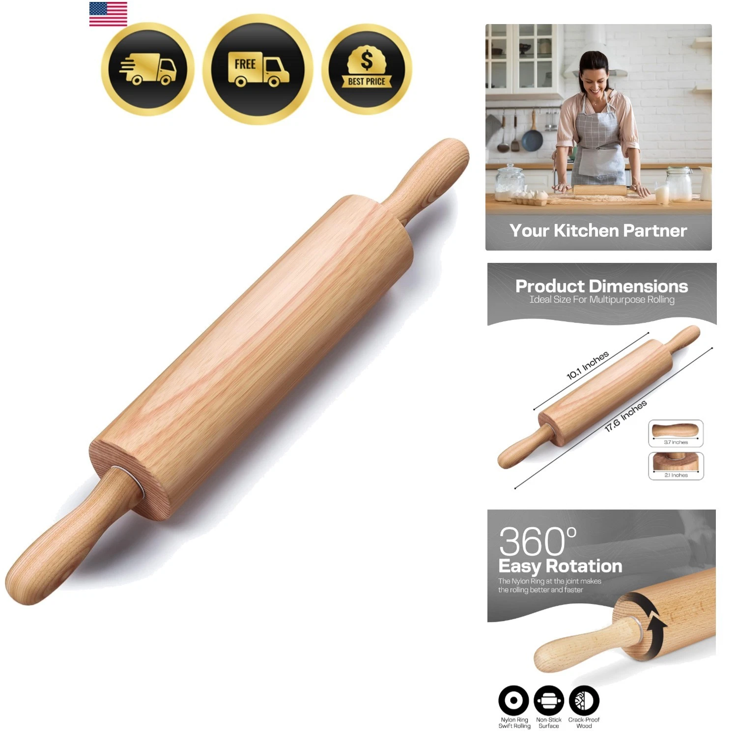 Wooden Rolling Pin 17.6 Inch with Rotating Ergonomic Handles – Classic Beech ...