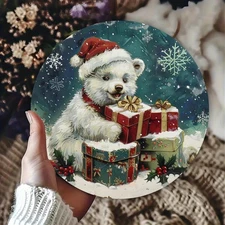 Vintage Christmas Polar Bear Santa Hat Round Aluminum Sign