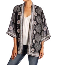 Max Studio Top Womens Size 1X Black Geometric Kimono Boho Open Front