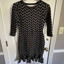 NWT Sandra Darren Black White ruffled Sweater Dress fit-and-flare 3/4Sleeve Sz L