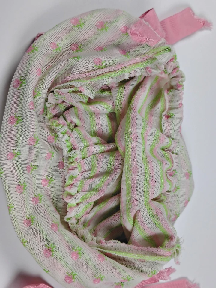 Gorro vintage hecho a mano tela niño bebé rosa verde rayas flores Foto 4 de 4