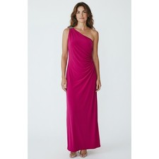 Chaps Maxi Evening Gown 14 Pink One Shoulder Ruched Rhinestone Cocktail Wedding