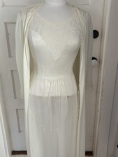 VTG Ivory Nylon Lace Peignoir Set Nightgown Sheer Robe Made In USA Sz 6/8 Bridal