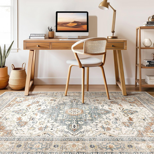 10X14 Area Rugs Living Room: Washable Boho Large Neutral Vintage Soft Rug Stain  - Picture 7 of 12