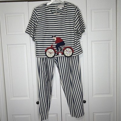 VTG Sharon Young Dallas Women's Two-Piece Striped Set Large Sz 10 Bicycle Artsy