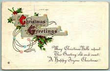 Christmas Greetings Scroll Holly Poem Embossed DB Postcard F4