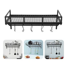 Kitchen Wall Mounted Storage Shelf Cookware Pan Pot Organizer Rack with 10 Hooks