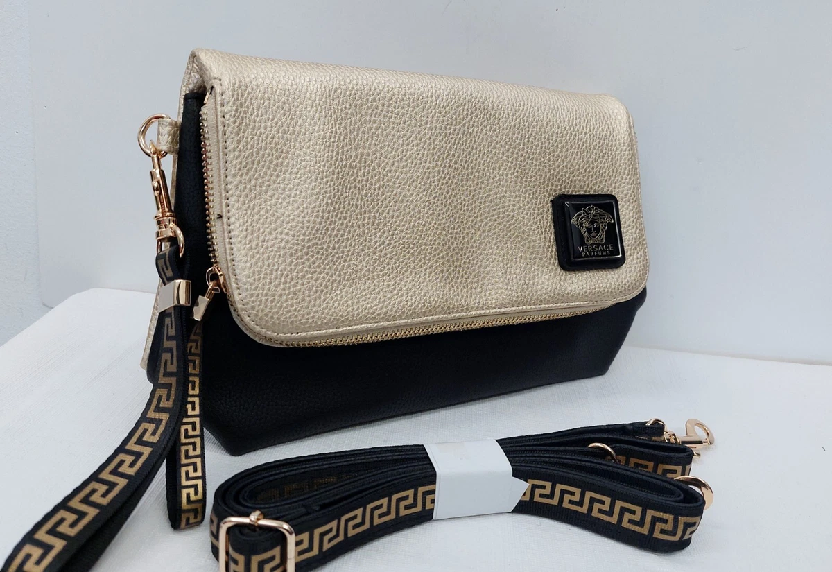 Versace Parfums Black and Gold Purse Clutch Wristlet Convertible Crossbody  Bag