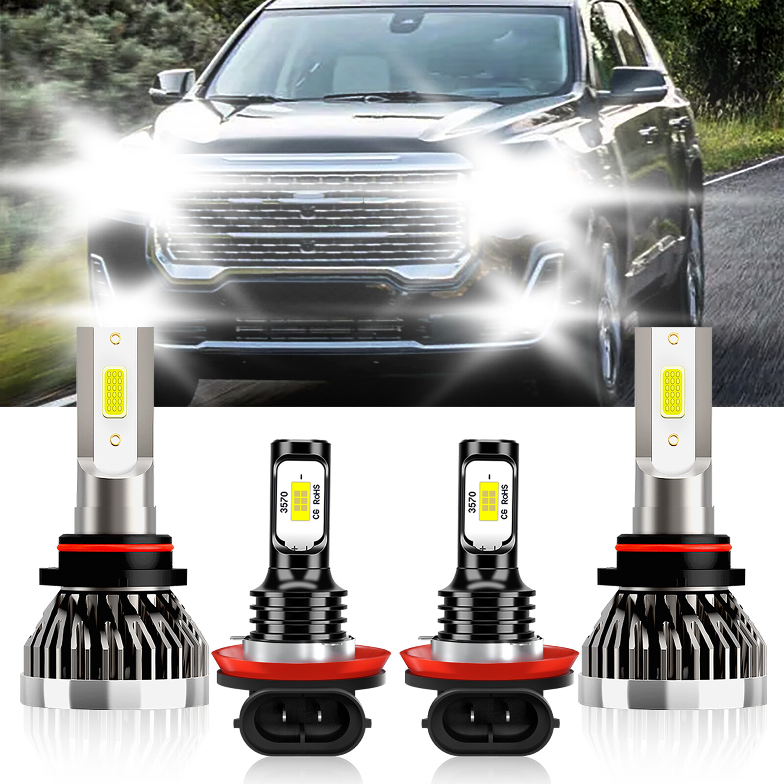 For GMC Acadia 2013-2019 4PCS LED Headlight High Low + Fog Light Bulbs Combo