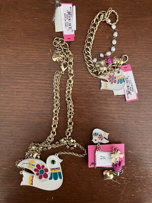 Vintage Betsey Johnson Peace Dove Pigeon Flower Necklace Bracelet Earrings