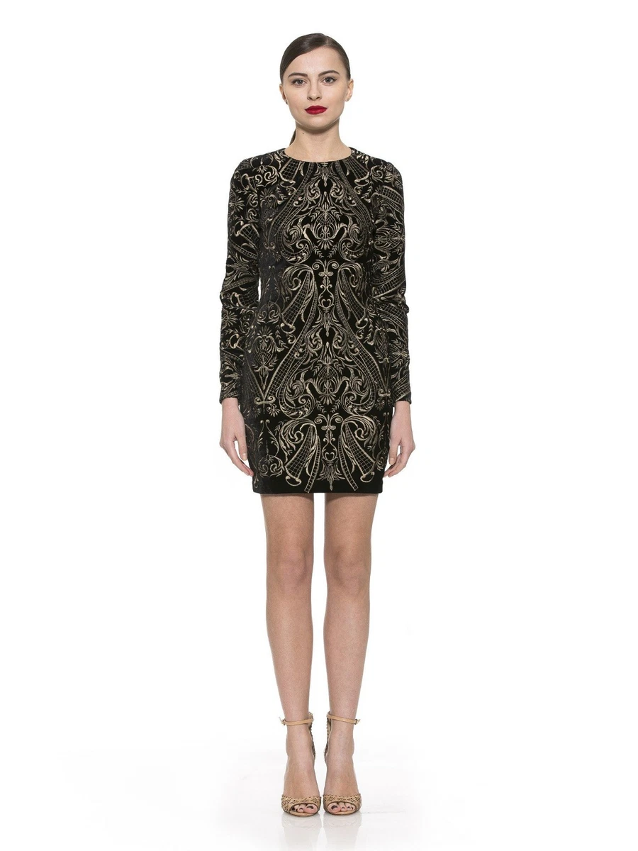 Alexia Admor Embroidered Velvet Sheath Dress size S Black Gold Long Sleeve 77P